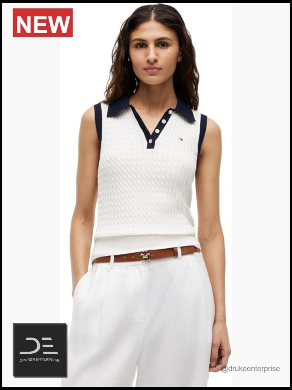 Sleeveless Cotton Cable Knit Polo Shirt, Button Down Collar